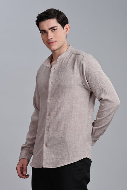 Dark Beige Linen Blend Mandarin Collar Shirt