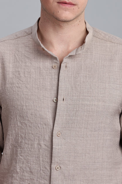Beige Linen Blend Mandarin Collar Shirt