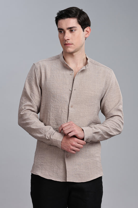 Beige Linen Blend Mandarin Collar Shirt
