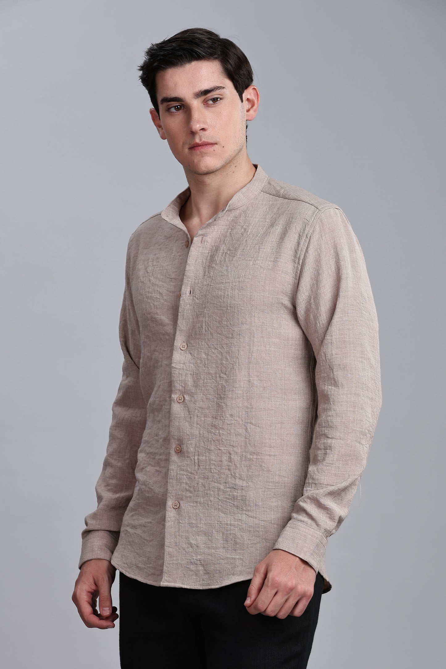Beige Linen Blend Mandarin Collar Shirt