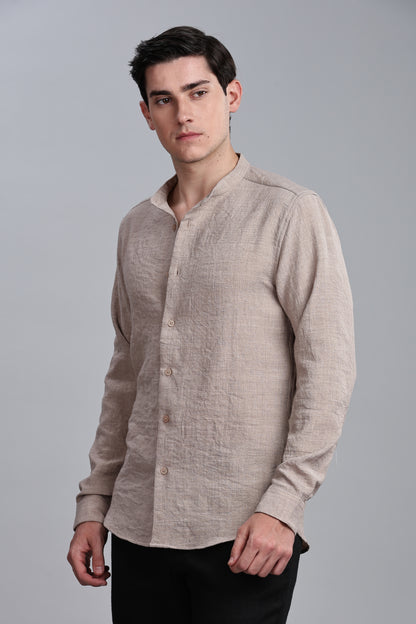 Beige Linen Blend Mandarin Collar Shirt