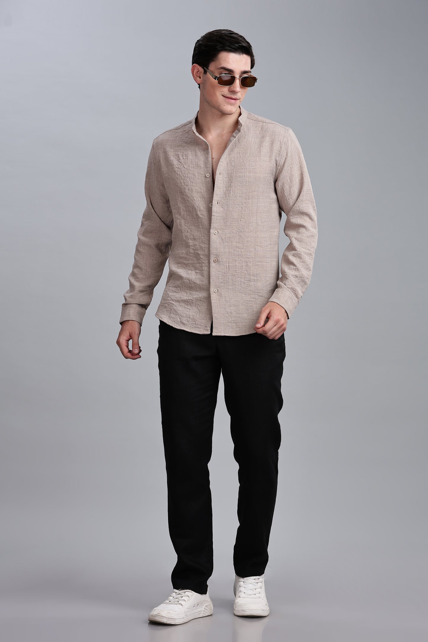 Beige Linen Blend Mandarin Collar Shirt