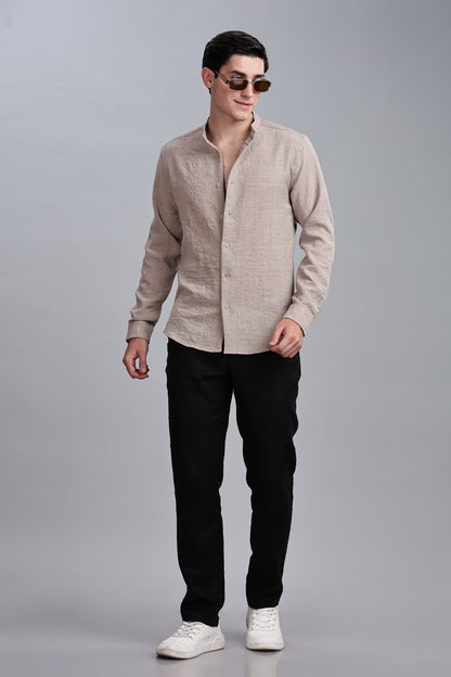 Beige Linen Blend Mandarin Collar Shirt