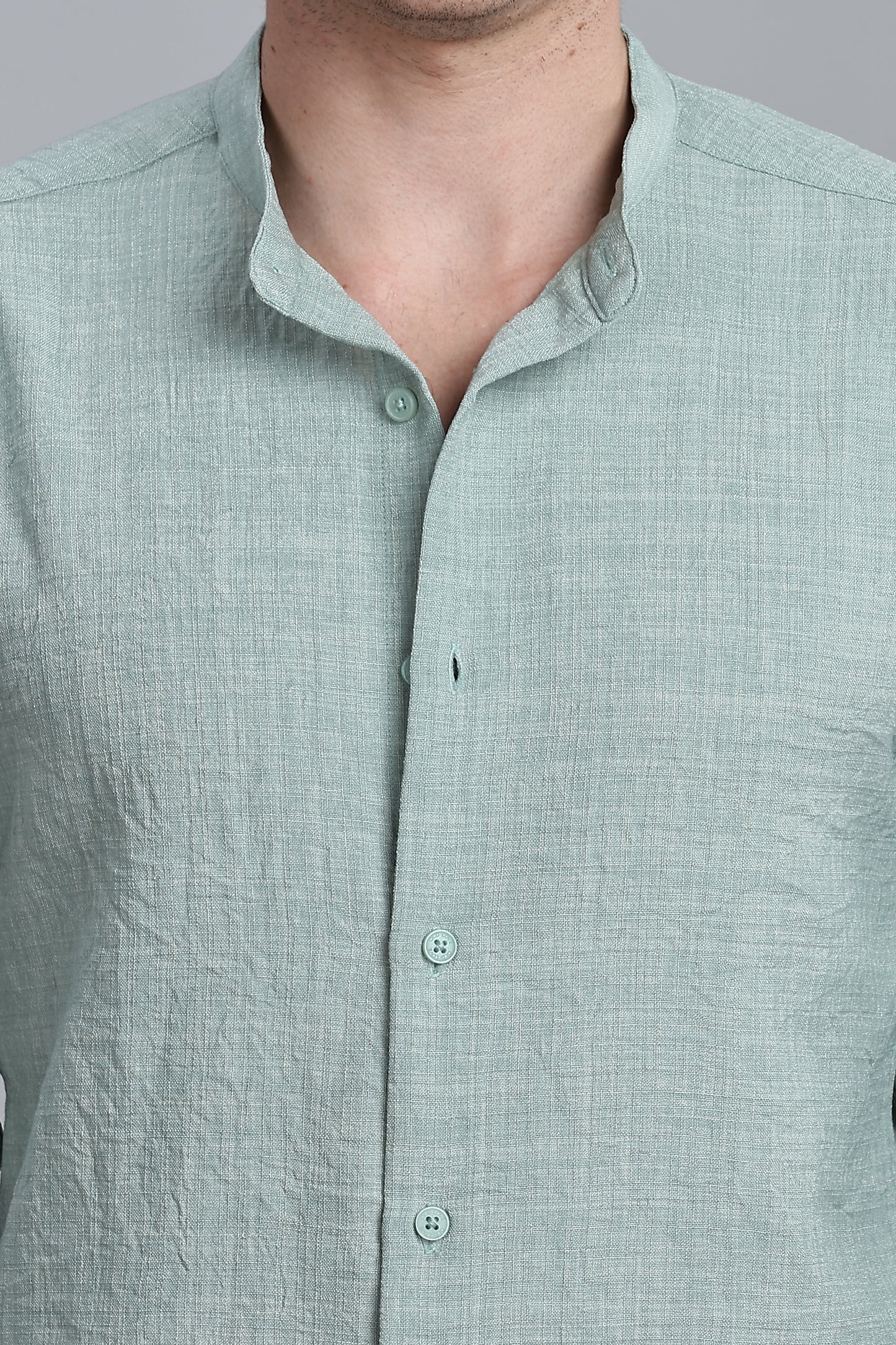 Teal Green Linen Blend Mandarin Collar Shirt