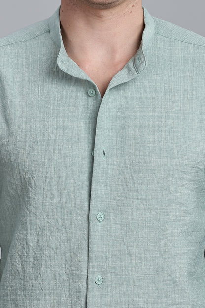 Teal Green Linen Blend Mandarin Collar Shirt