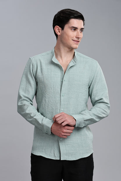 Teal Green Linen Blend Mandarin Collar Shirt