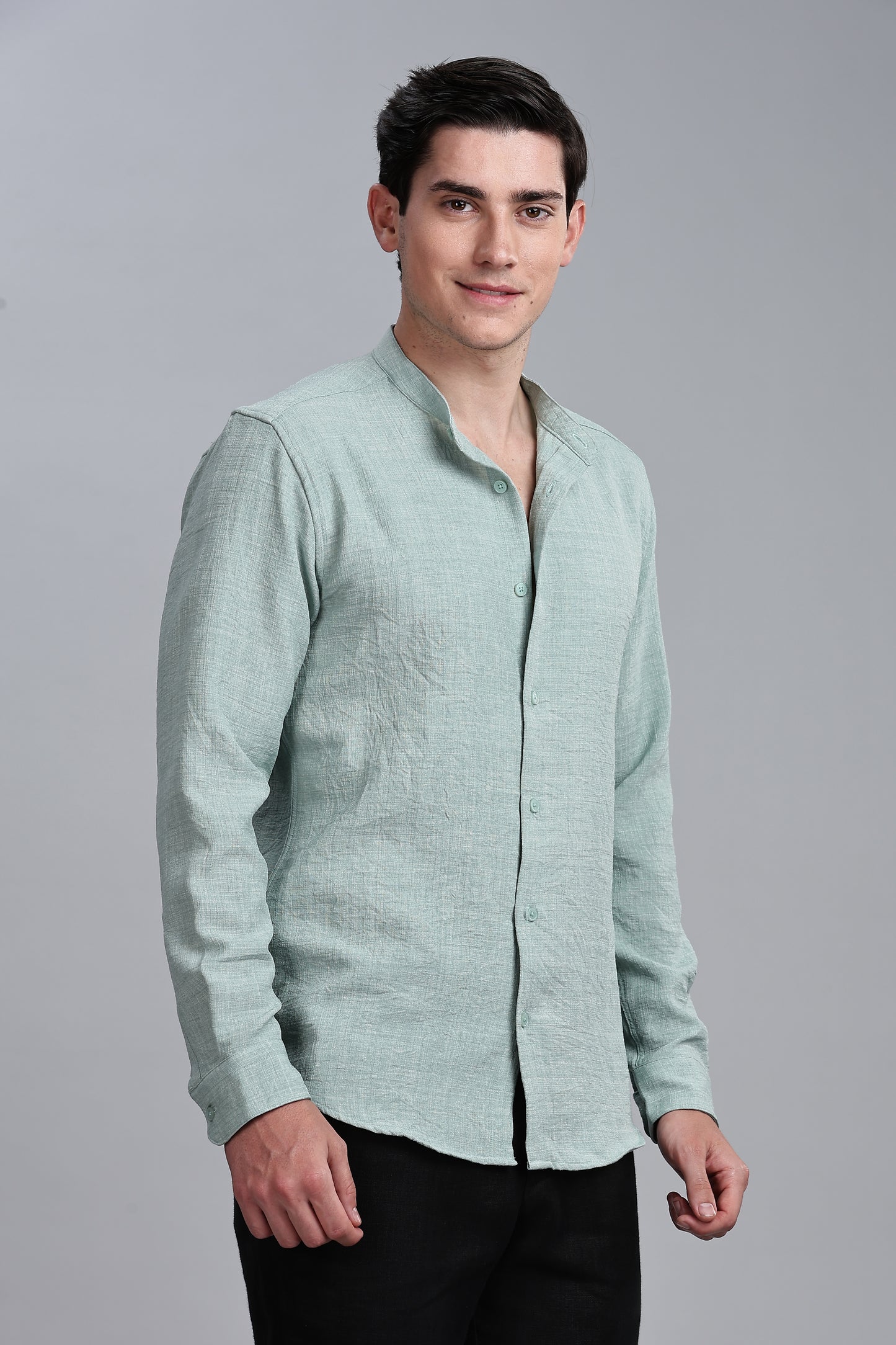 Teal Green Linen Blend Mandarin Collar Shirt