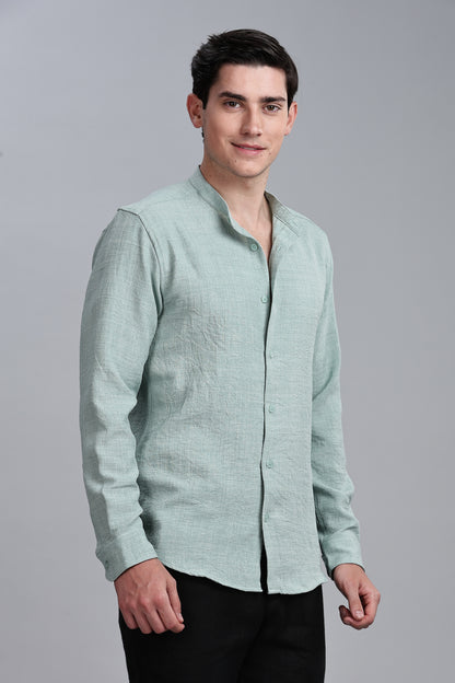Teal Green Linen Blend Mandarin Collar Shirt