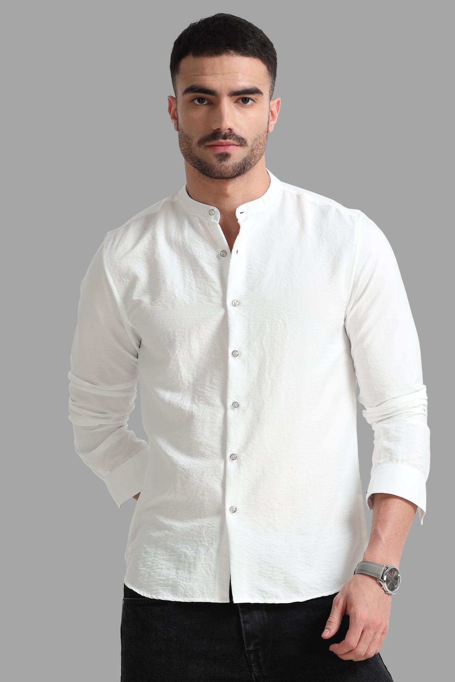 White Mandarin Collar Shirt