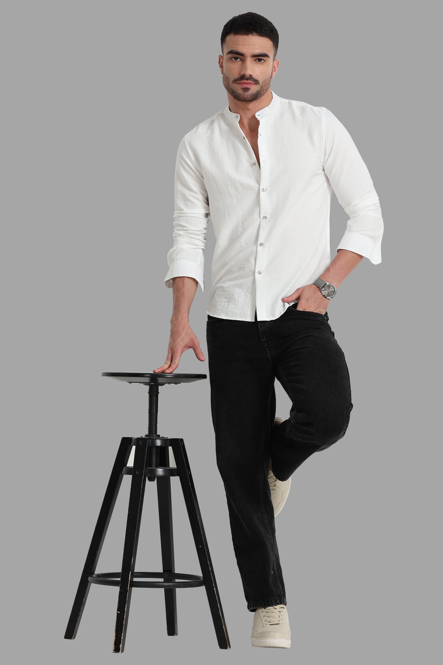 White Mandarin Collar Shirt