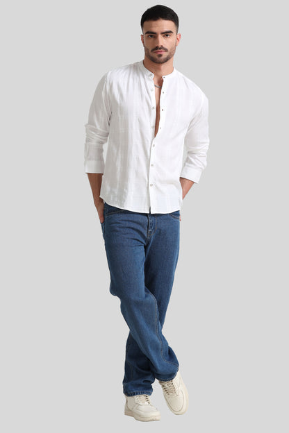 White Textured Mandarin Collar Shirt