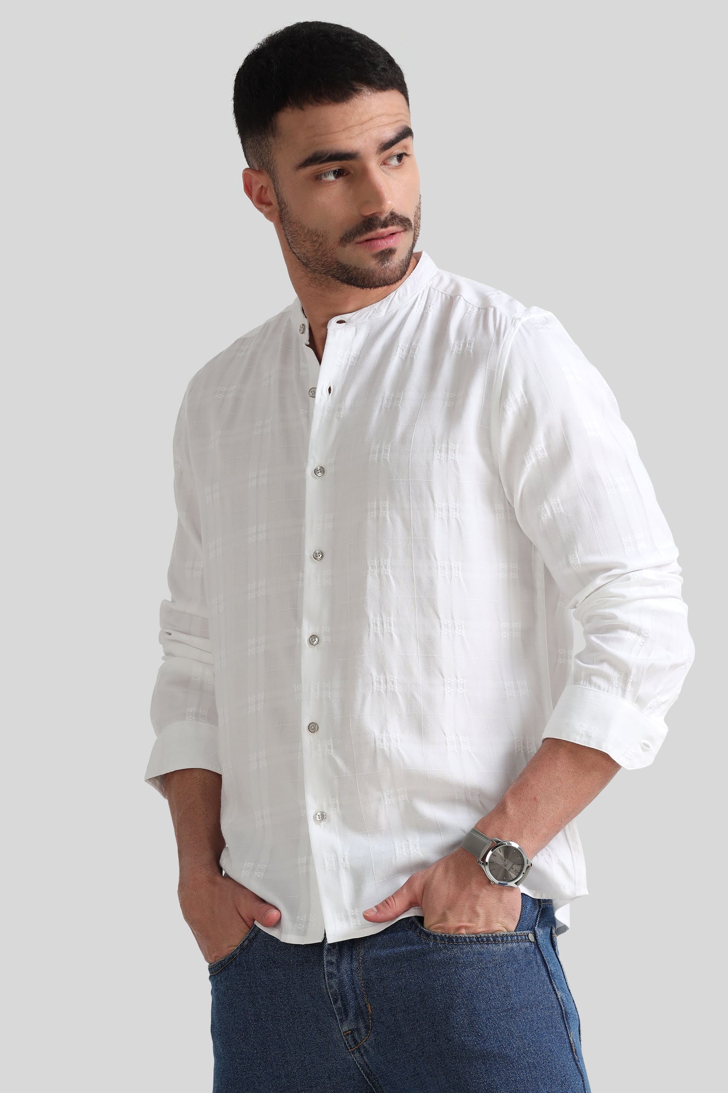White Textured Mandarin Collar Shirt
