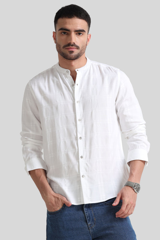 White Textured Mandarin Collar Shirt