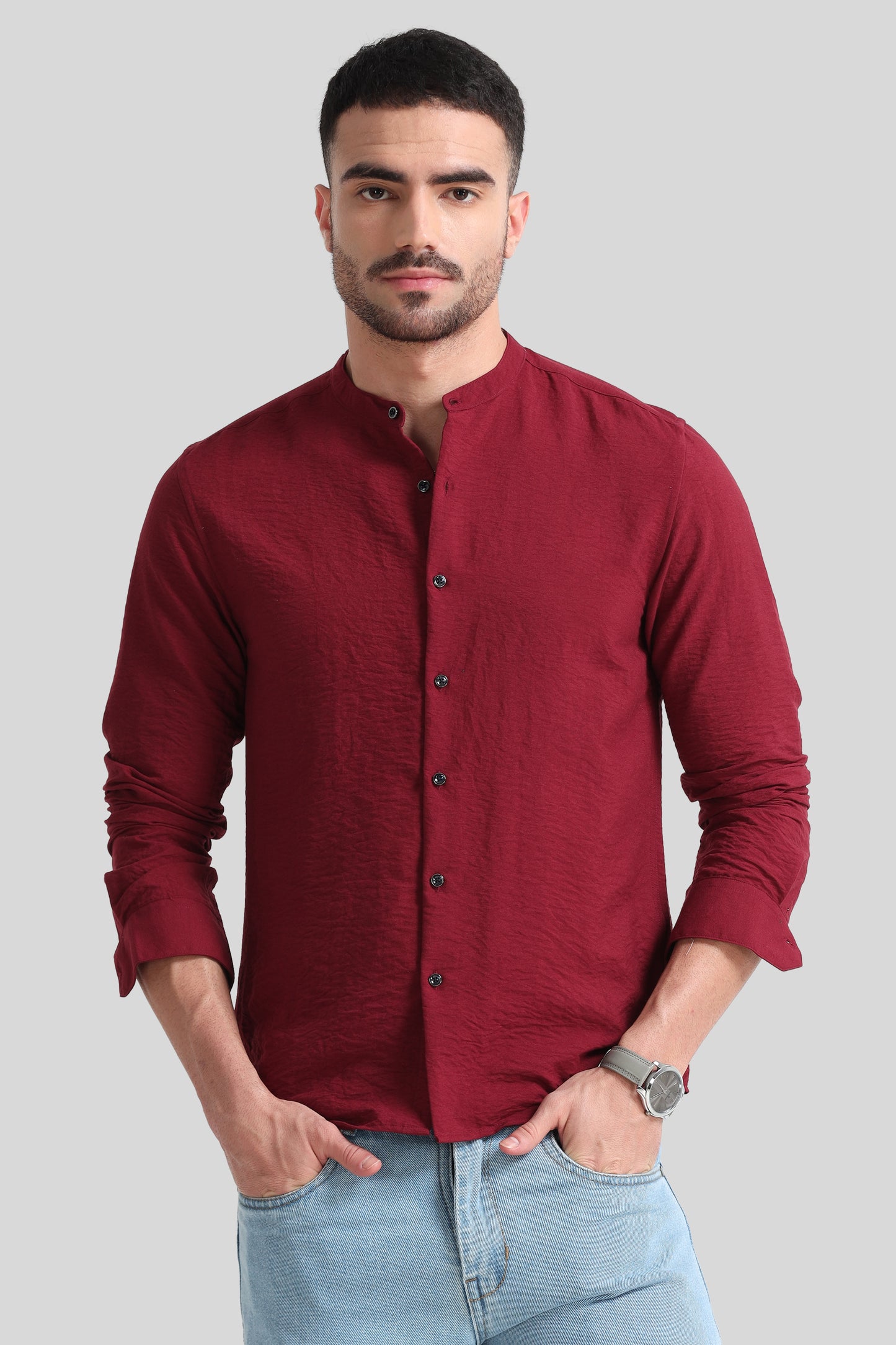 Red Mandarin Collar Shirt