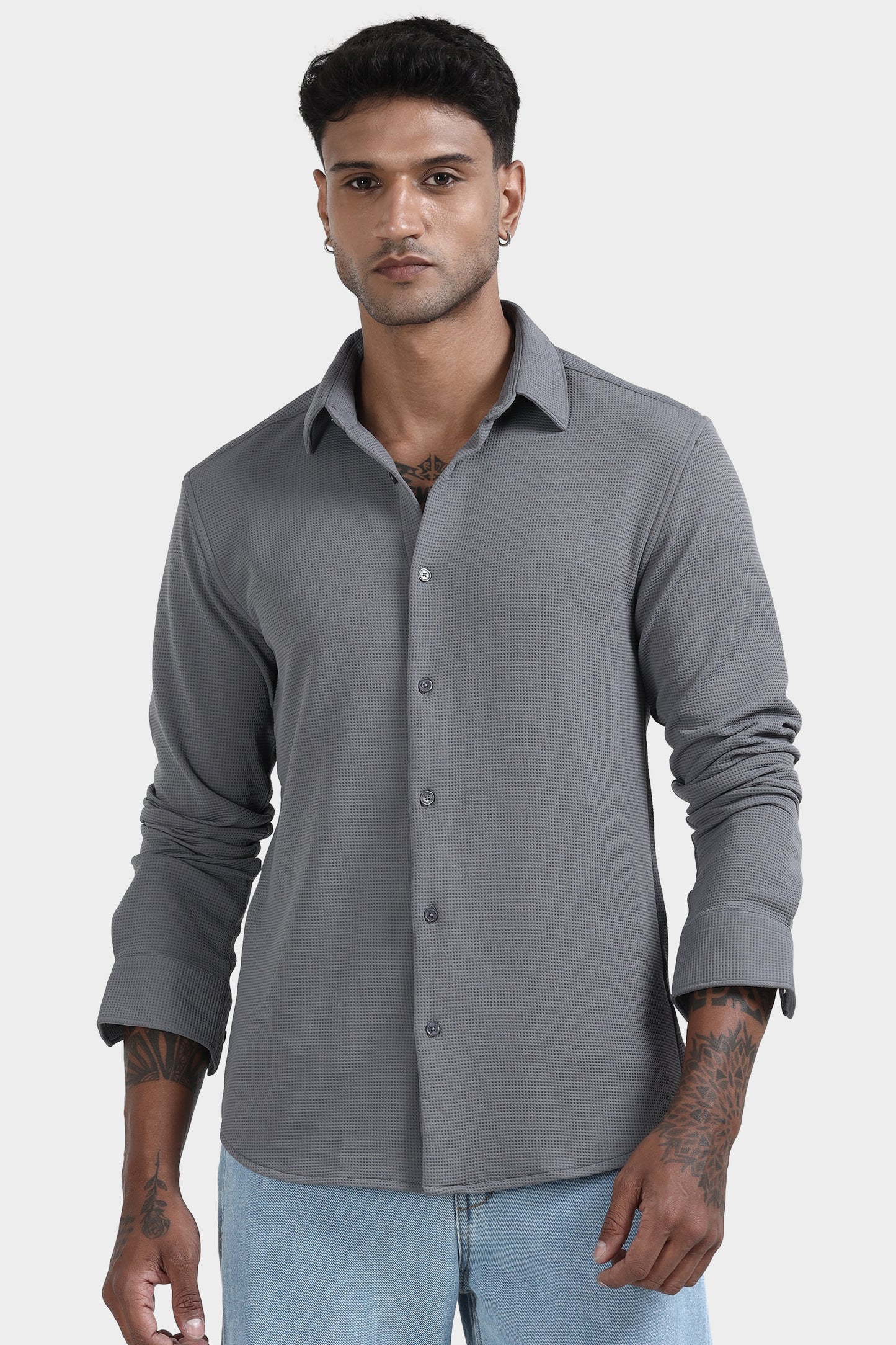 Oldlove Gray waffle-textured shirt