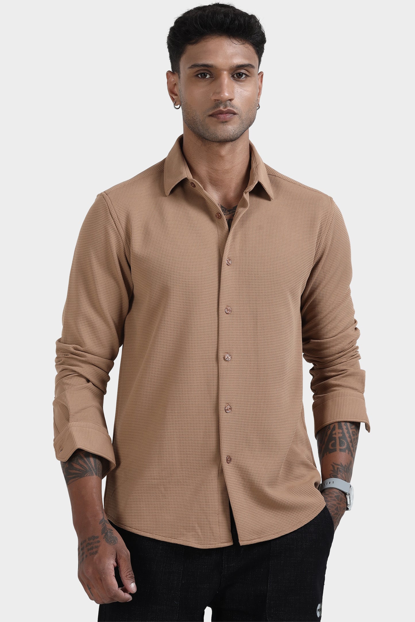 Oldlove  Brown Waffle-Textured Shirt