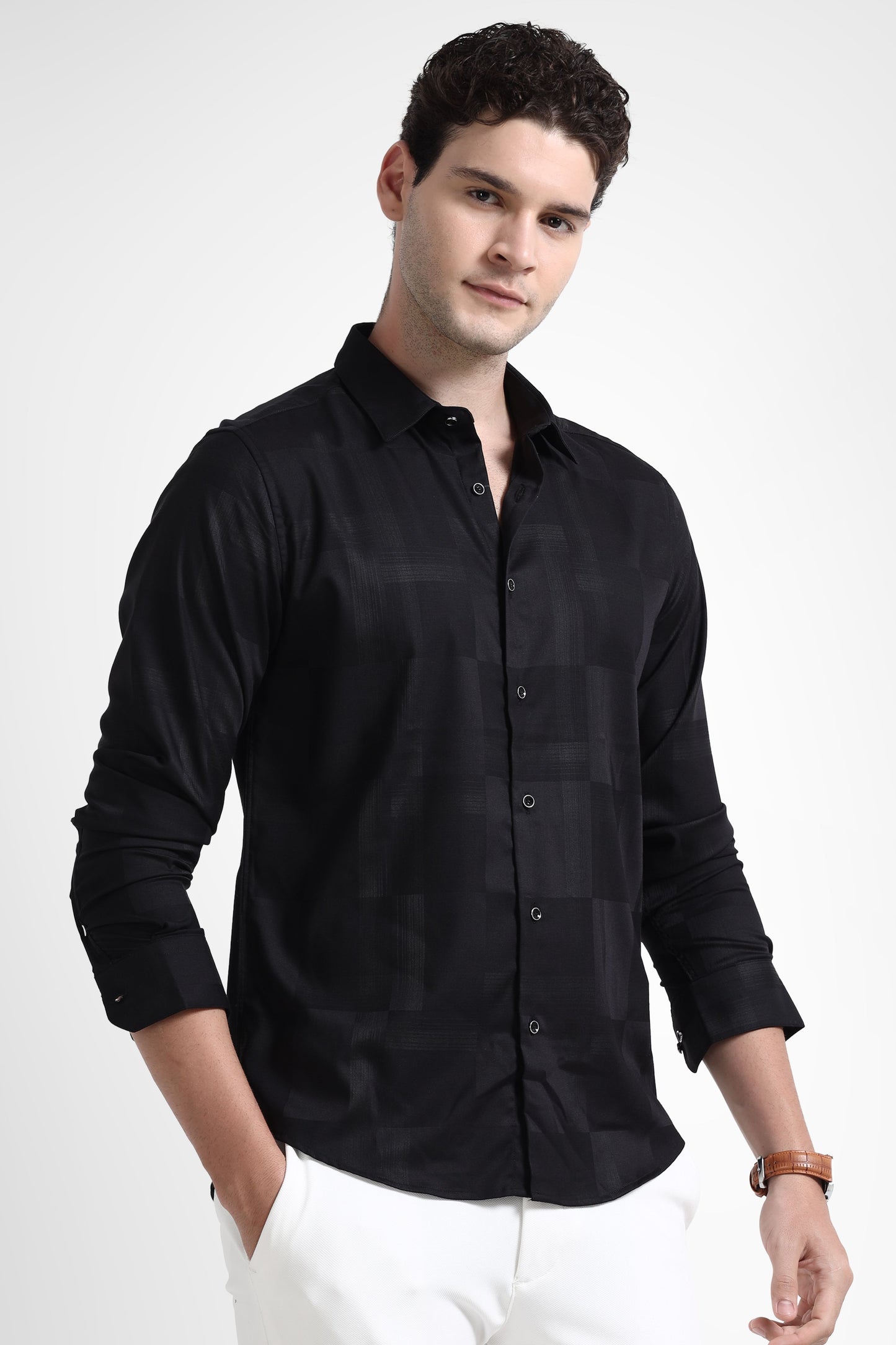 Premium Black Self Check Shirt