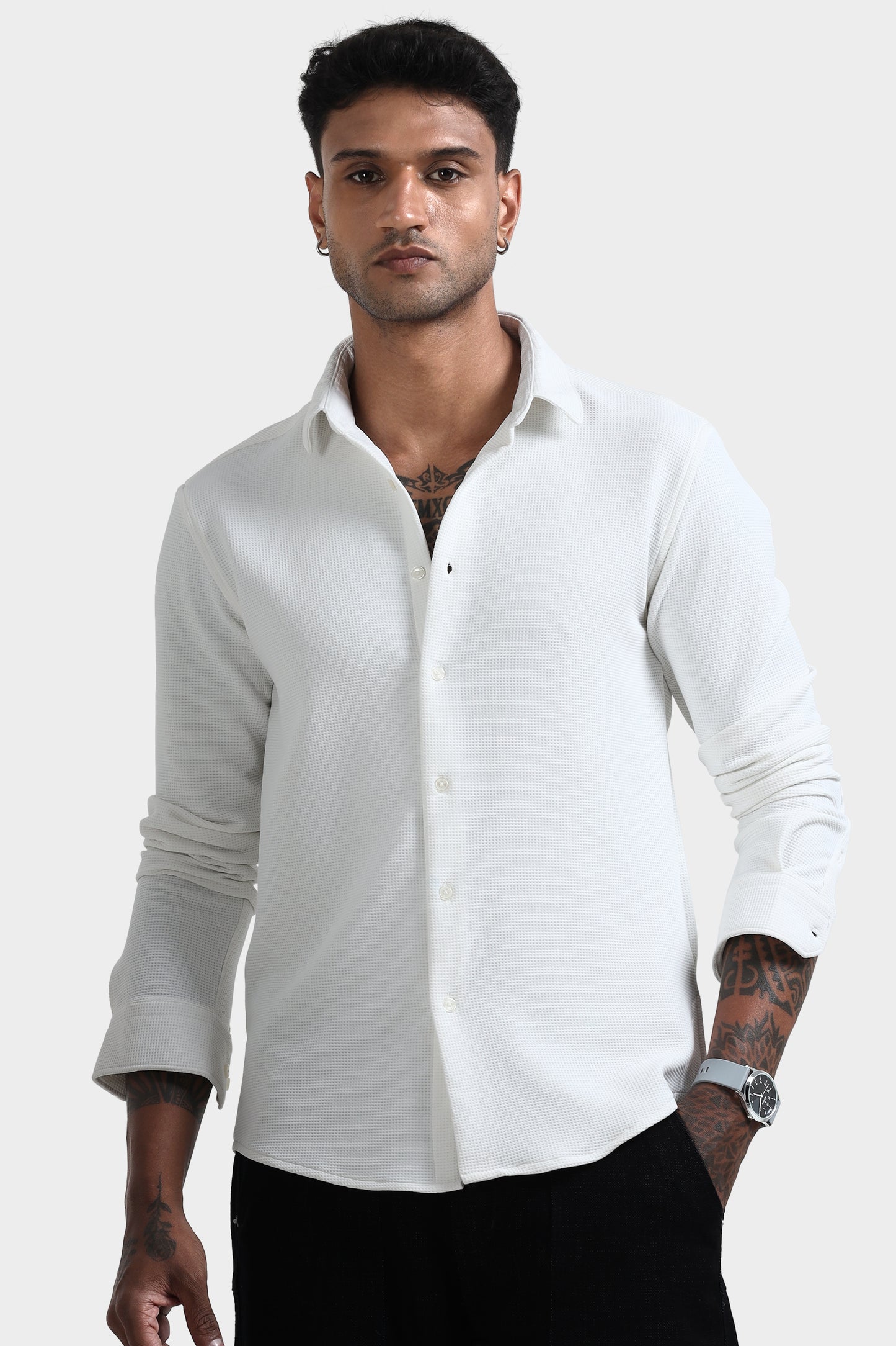 Oldlove White waffle-textured shirt