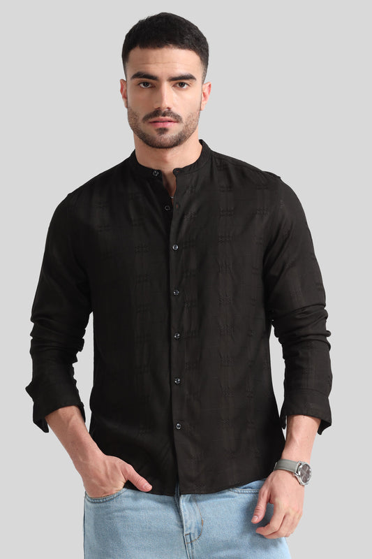 Black Textured Mandarin Collar Shirt