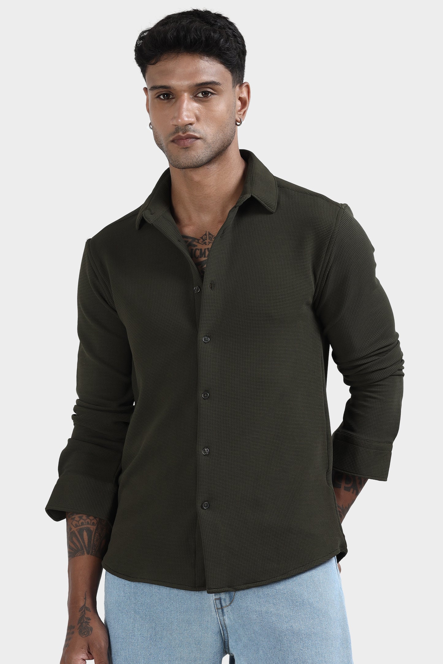 Oldlove Pine Green Waffel Textured Shirt