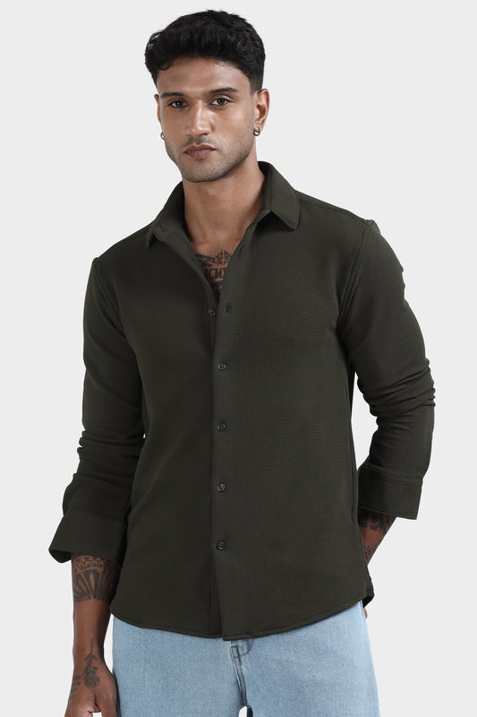 Oldlove Pine Green Waffel Textured Shirt