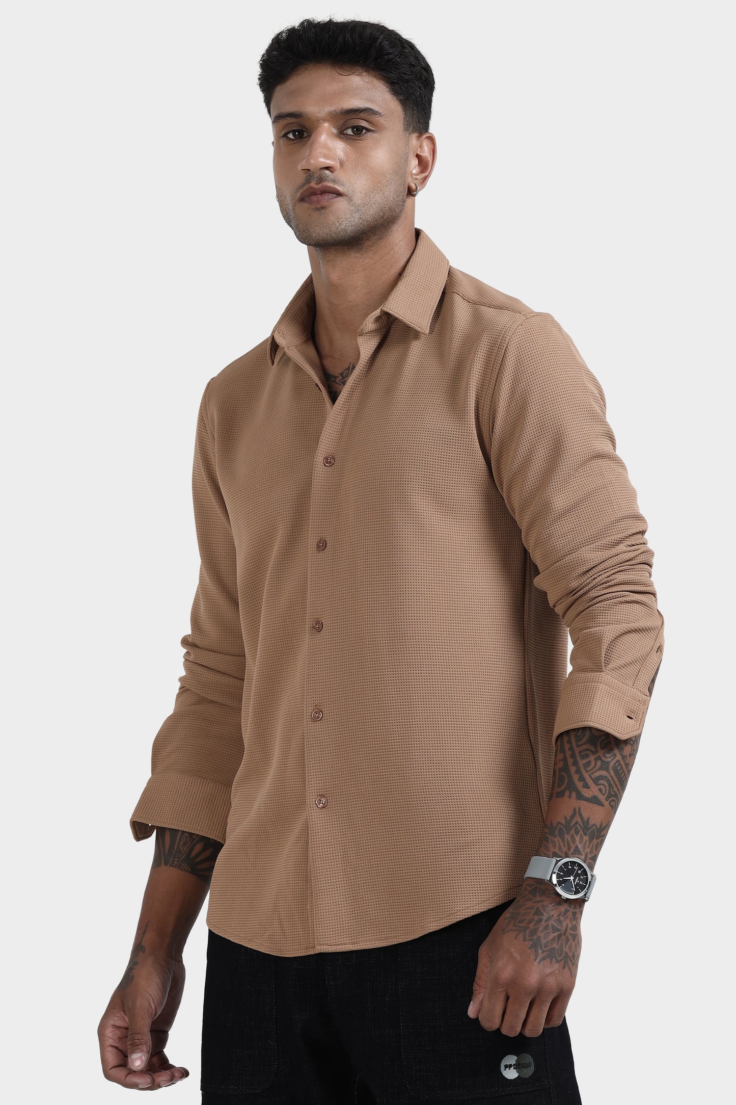 Oldlove  Brown Waffle-Textured Shirt