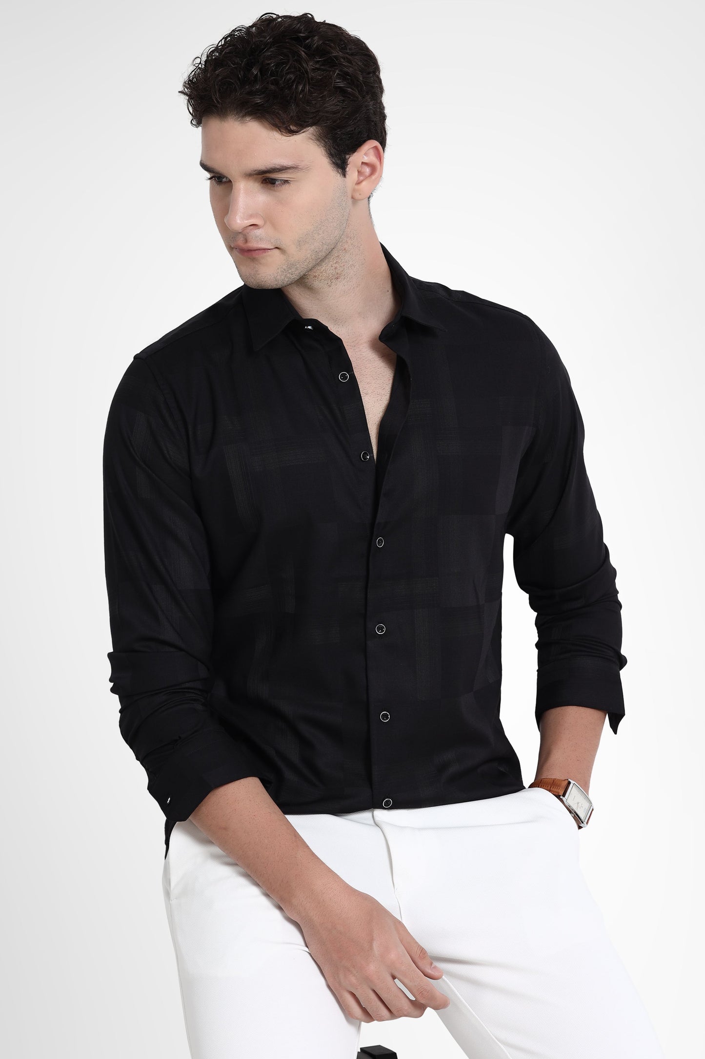 Premium Black Self Check Shirt