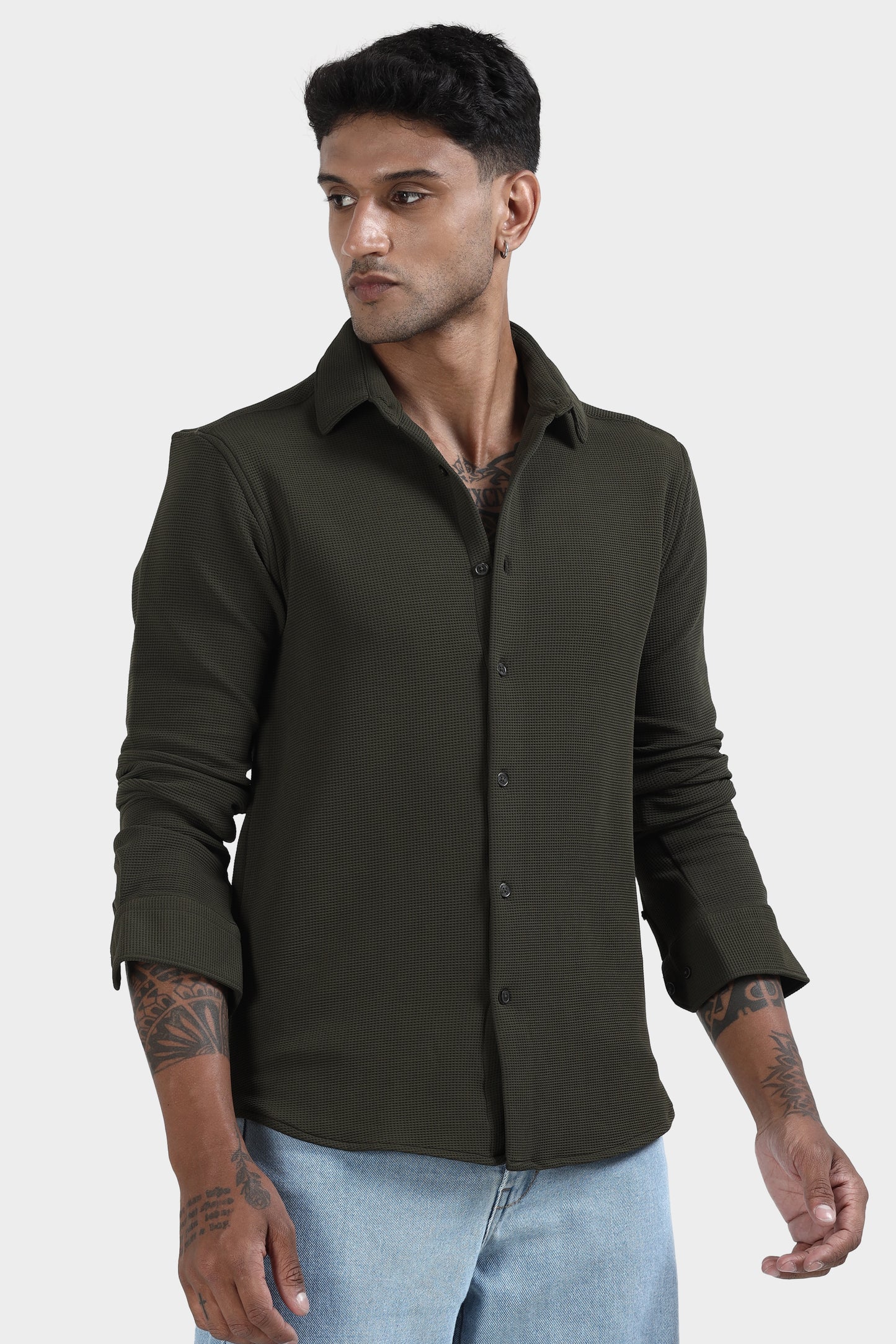 Oldlove Pine Green Waffel Textured Shirt