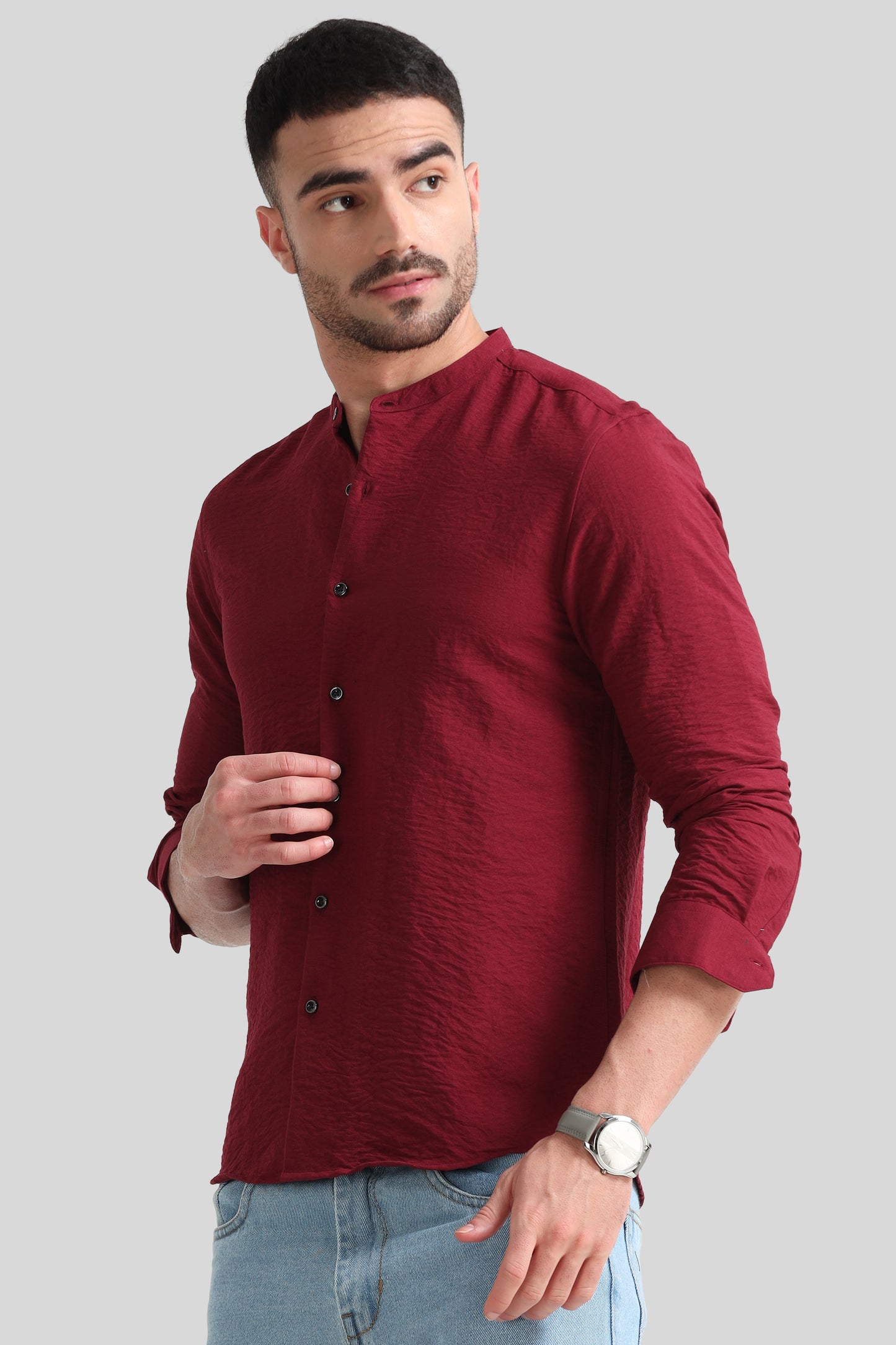 Red Mandarin Collar Shirt