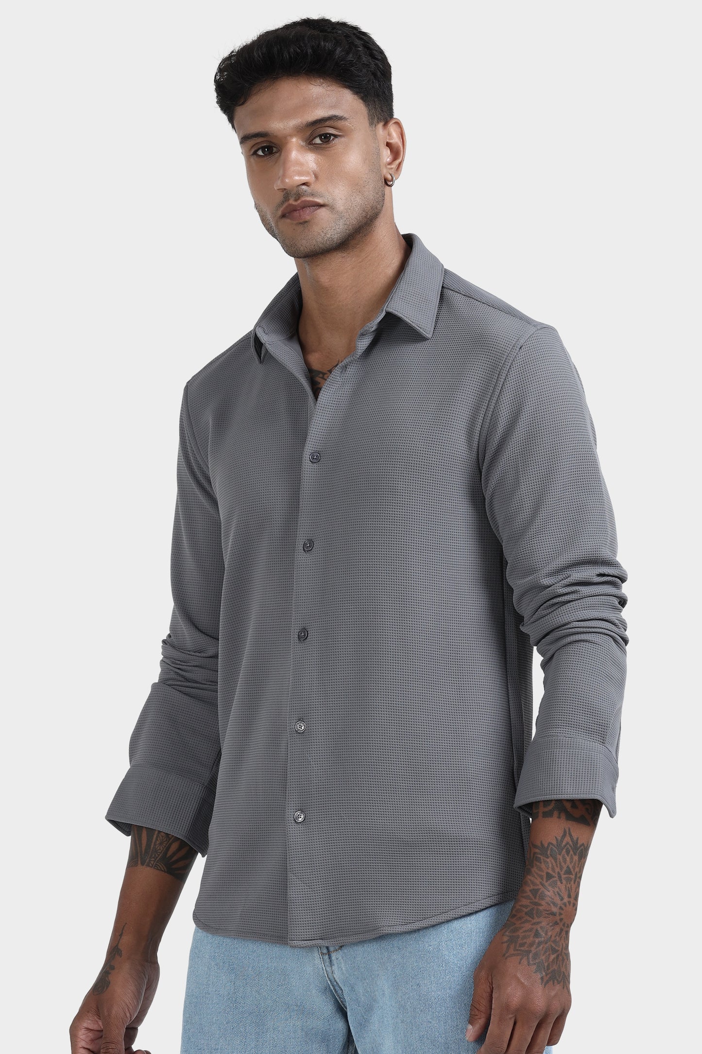 Oldlove Gray waffle-textured shirt
