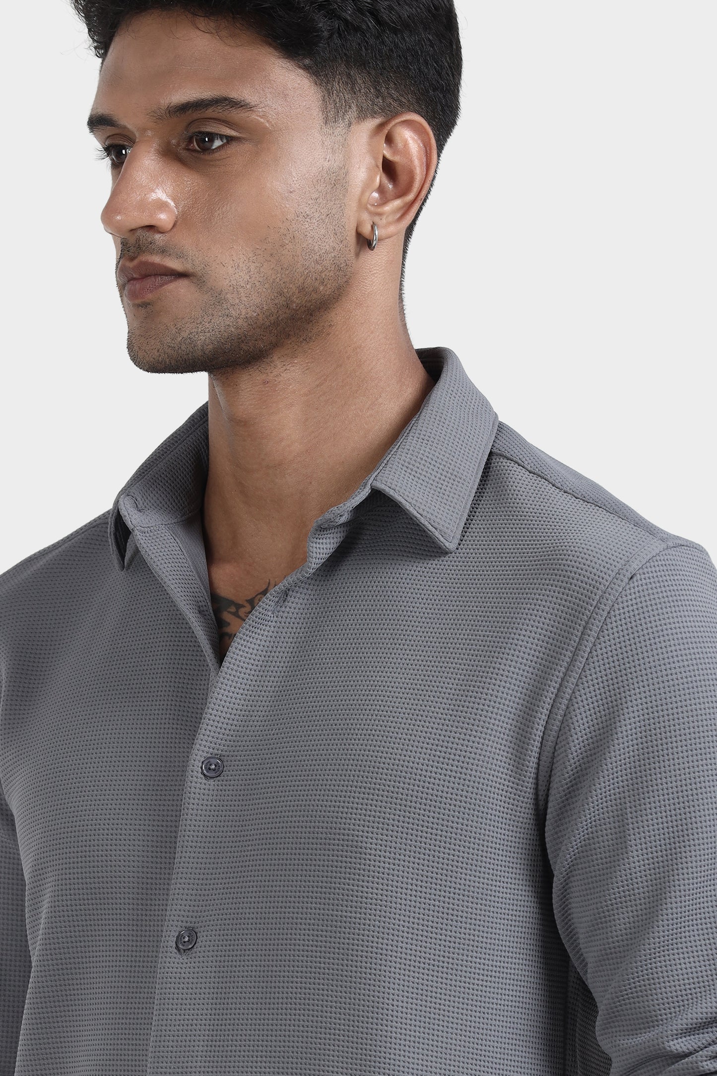 Oldlove Gray waffle-textured shirt